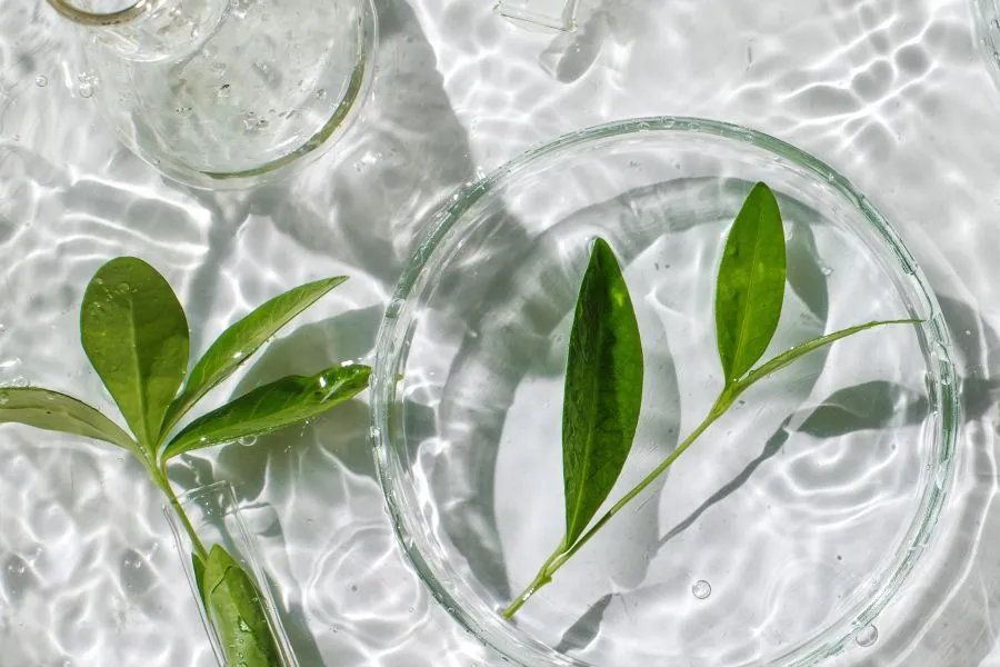 Plants in lab tools sitting in water.